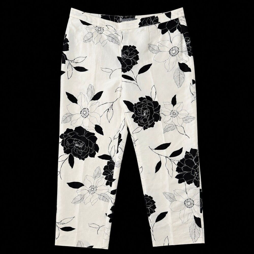 Kate Hill Silk & Linen Black White Floral Straight Leg Trouser Pants Women Sz 8 - Picture 2 of 7